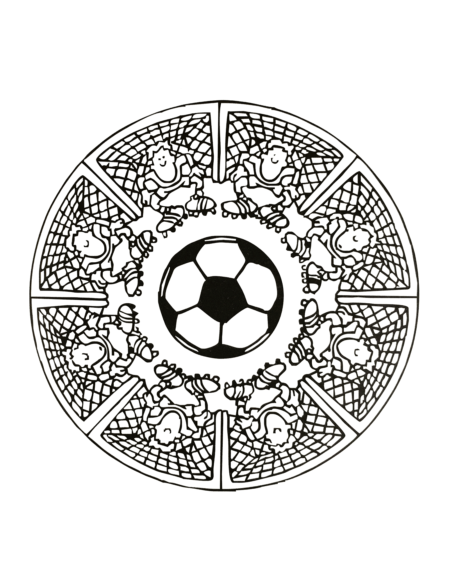 Wunderschönes Mandala in 'Fußball'-Atmosphäre, mit einer Abfolge von Fußballtoren sowie einem Torwart.