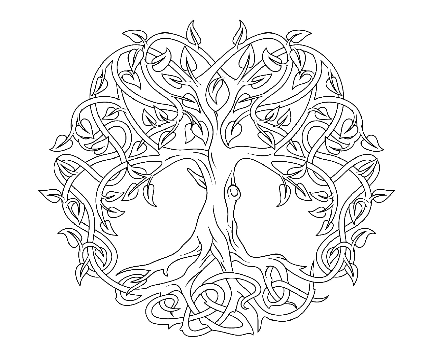 Relativ leicht auszumalende Details für ein sehr originelles und hochwertiges Ausmalbild von einem Mandala in Form eines Baumes.
