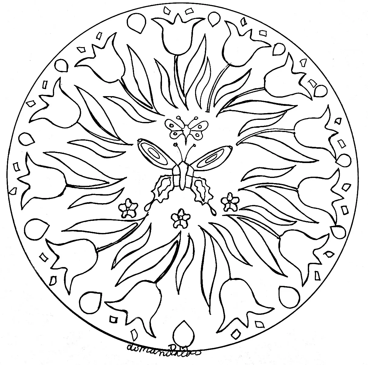 Mandala Schmetterling und Blumen (Schwierigkeitsgrad Mandalas : Normal)