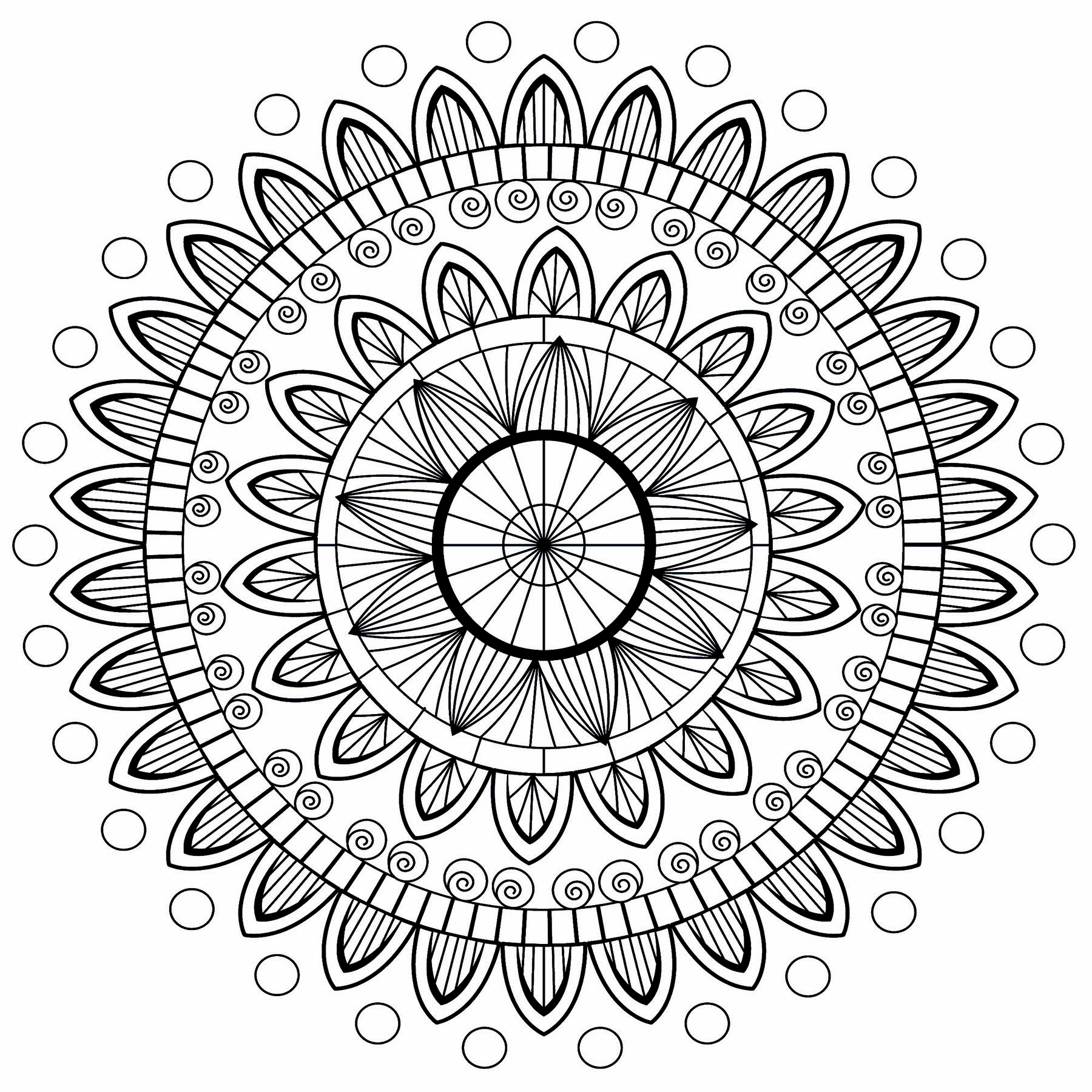Ein hübsches Mandala mit verschiedenen Ebenen von eleganten und regelmäßigen Blütenblättern. Zum Ausmalen mit all Ihrer Kreativität, Künstler : Bénédicte