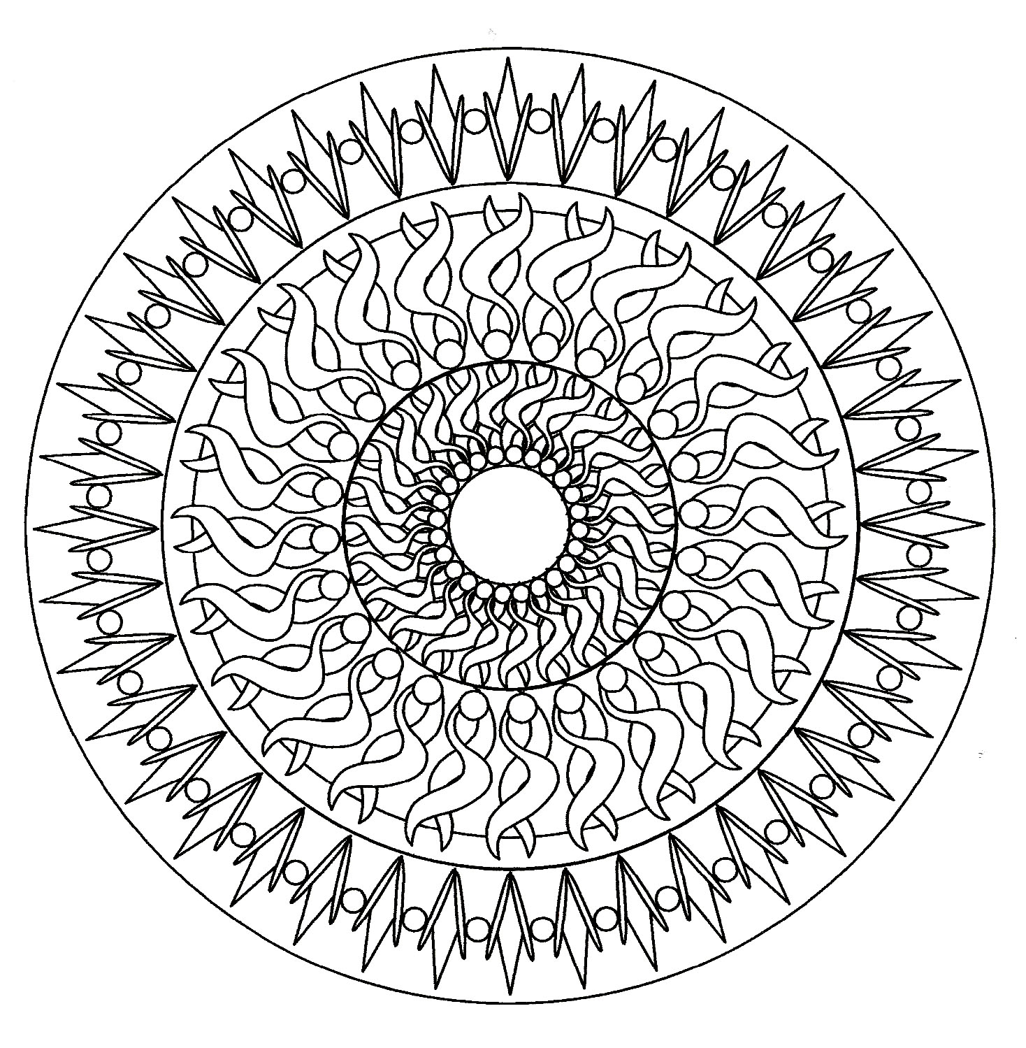 Ein hypnotisches Mandala mit 'normalem' Schwierigkeitsgrad, das für Kinder und Erwachsene geeignet ist, die Ausmalbilder wünschen, die weder zu einfach noch zu schwierig sind.