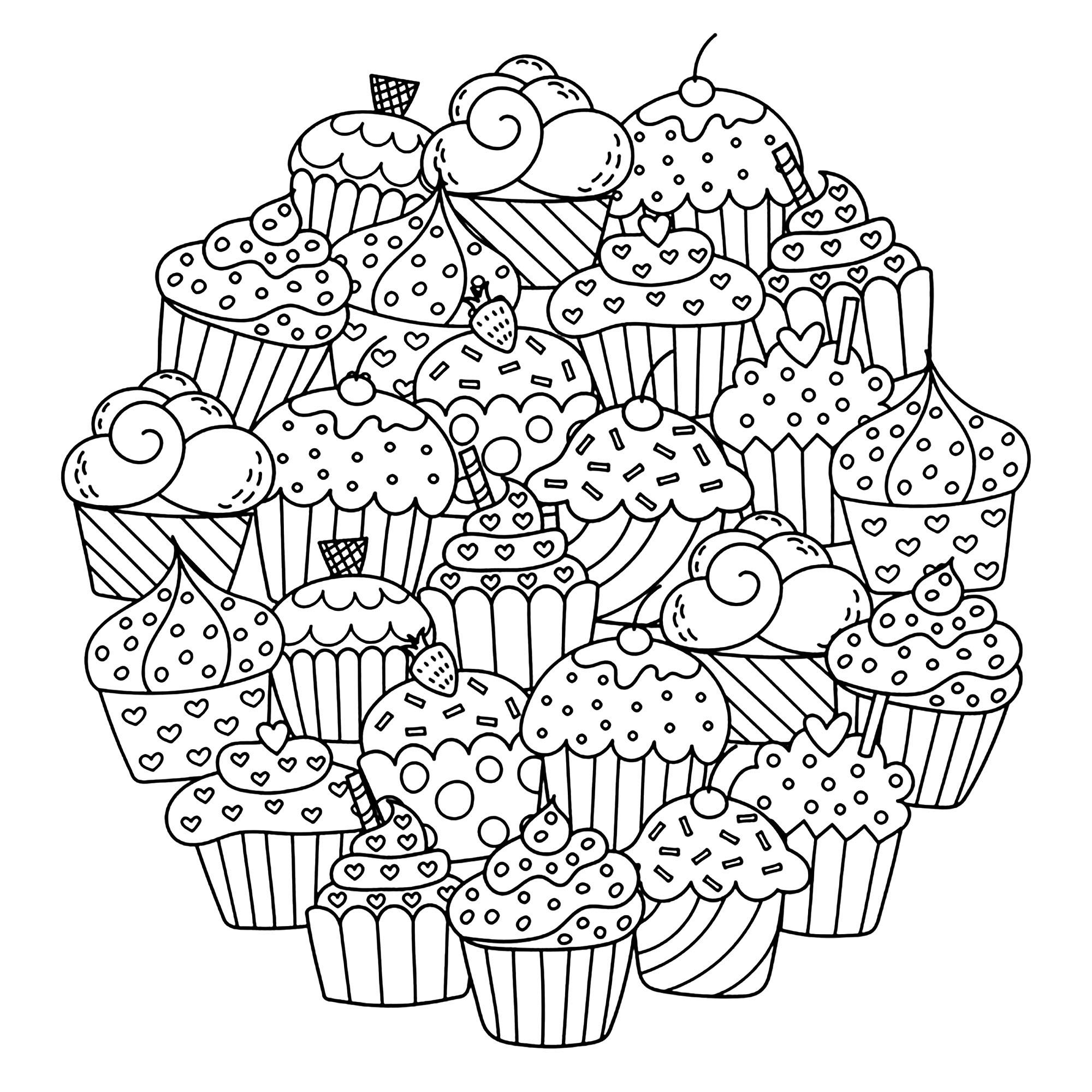 Ein hübsches Mandala aus vielen Cupcakes ... Machen Sie sie mithilfe von Filzstiften, Bleistiften oder Pinseln zu etwas ganz Besonderem, Quelle : 123rf   Künstler : Gulnara Sabirova