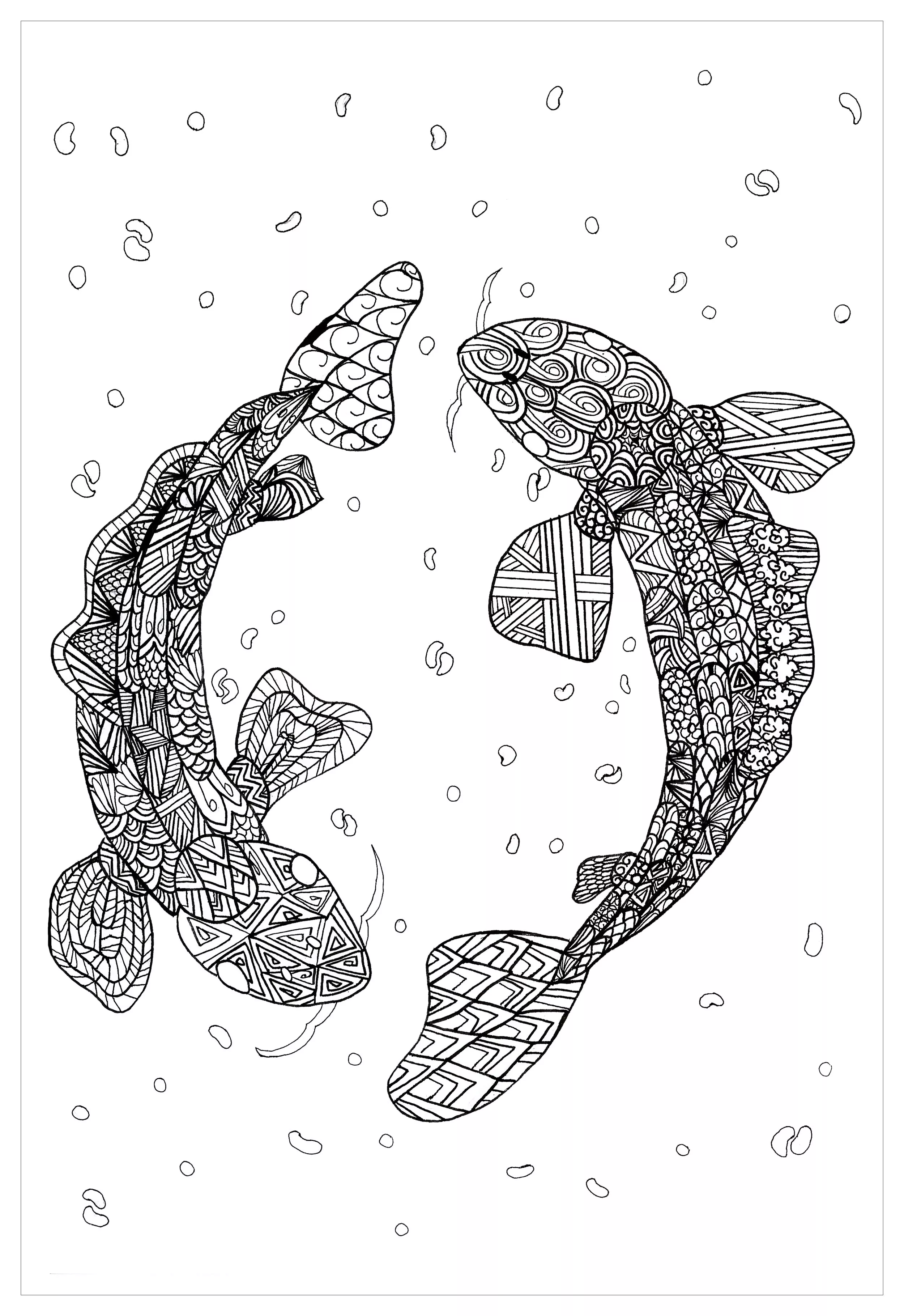 2 Karpfen, die ein Mandala bilden (Schwierigkeitsgrad Mandalas : Normal)