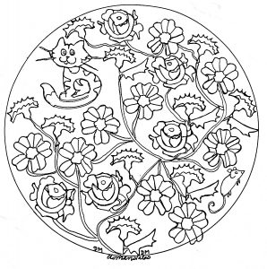 Schönes Mandala mit Katzen und kleinen Blumen