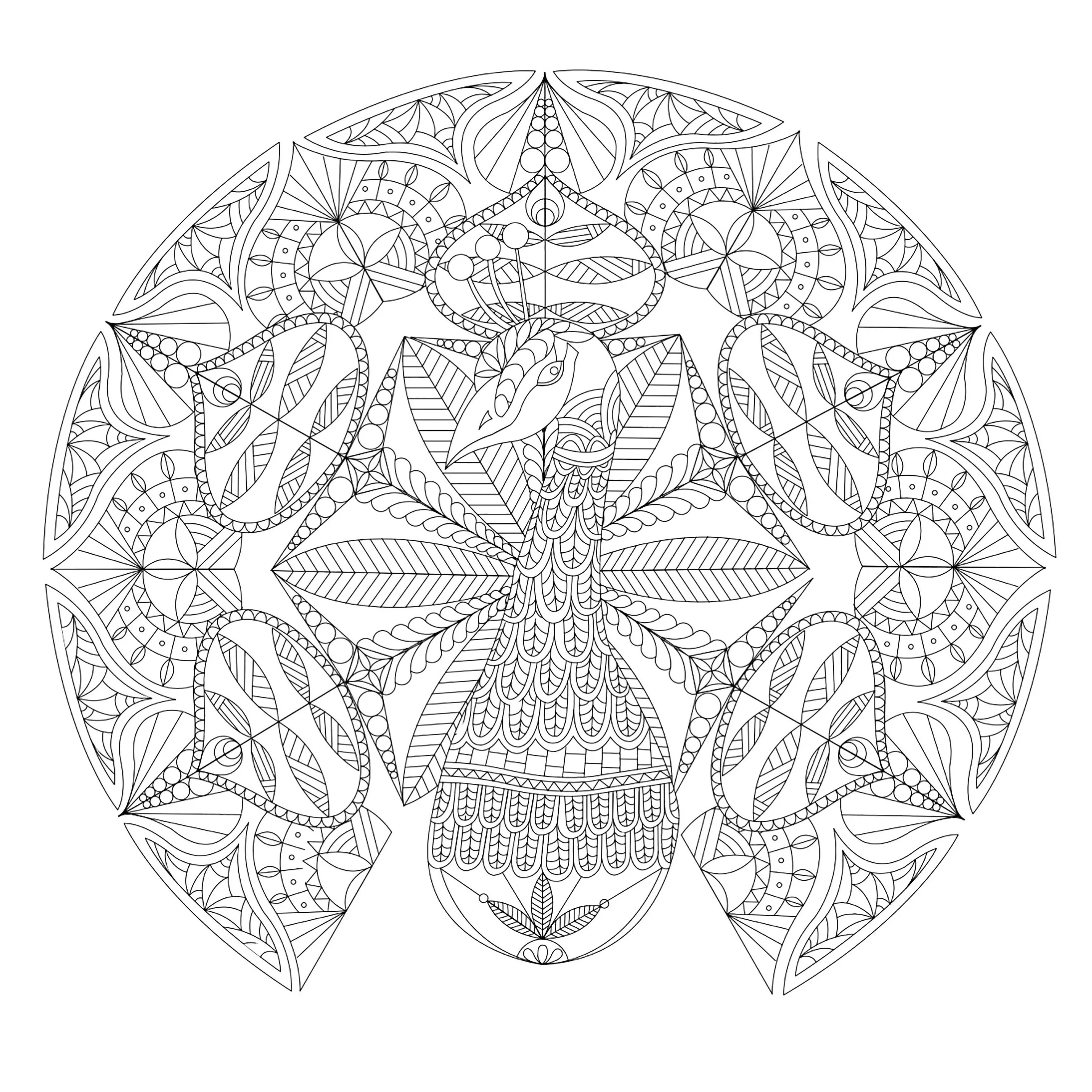 Schwieriges Mandala mit einem Pfau (Schwierigkeitsgrad Mandalas : Schwierig)