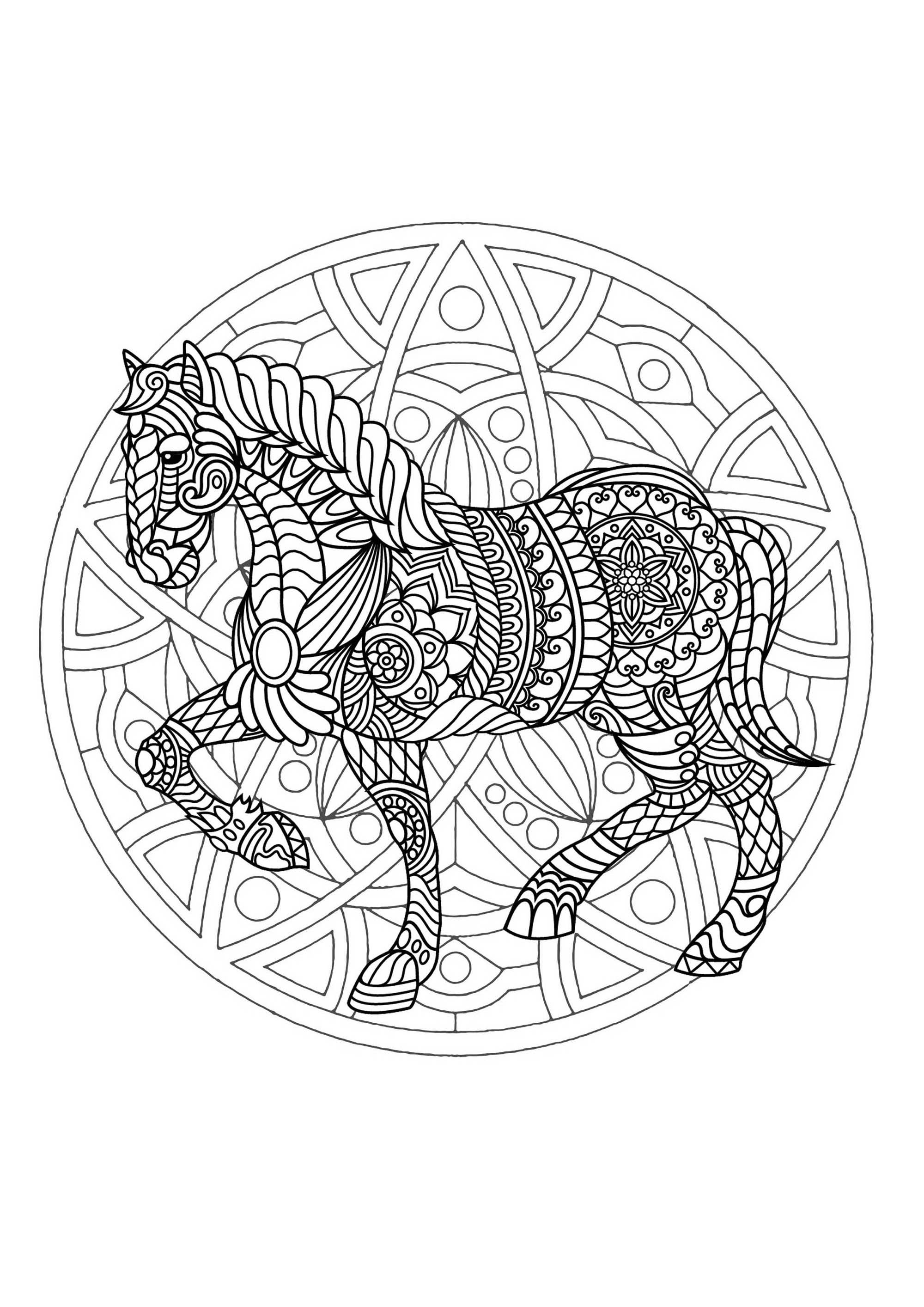 Pferd & Mandala. Ein recht schwierig auszumalendes Mandala, das perfekt ist, wenn Sie gerne kleine Bereiche farbig gestalten und verschiedene Details mögen.