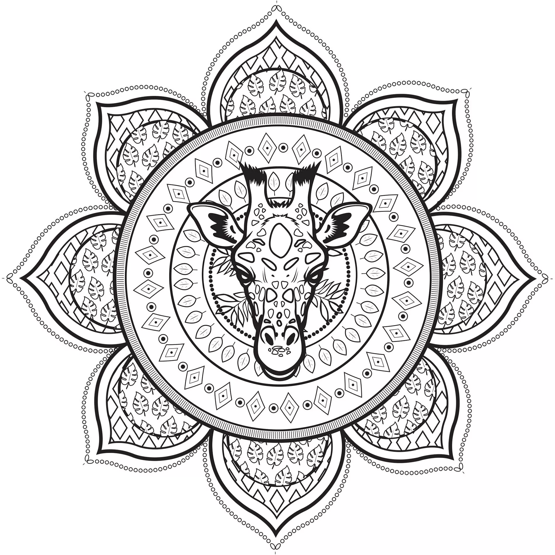 Komplexes Mandala mit Giraffenkopf (Schwierigkeitsgrad Mandalas : Schwierig)