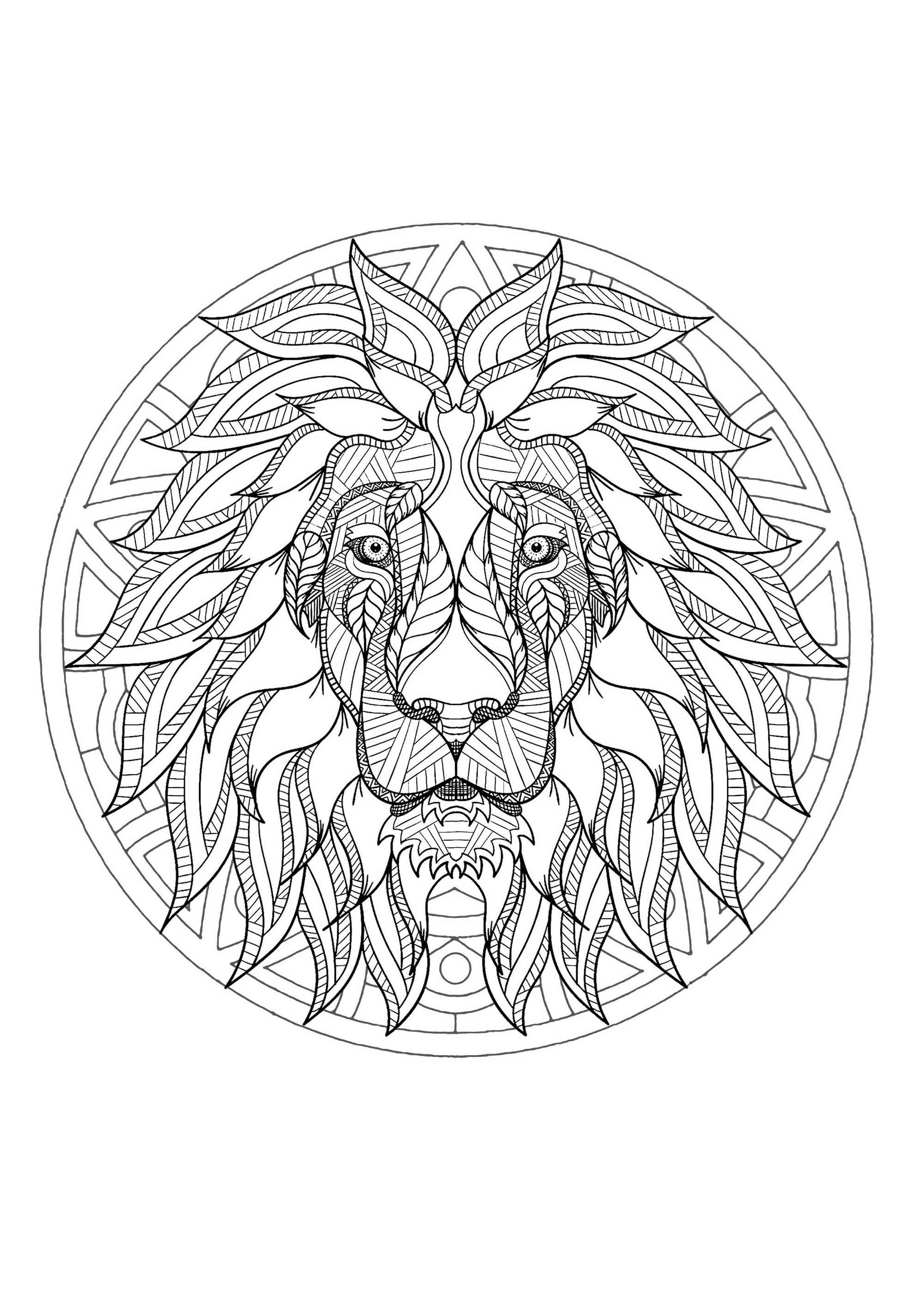 Mandala & Löwenkopf. Ein recht schwieriges Mandala zum Ausmalen, das perfekt ist, wenn Sie gerne kleine Bereiche ausmalen und verschiedene Details mögen.