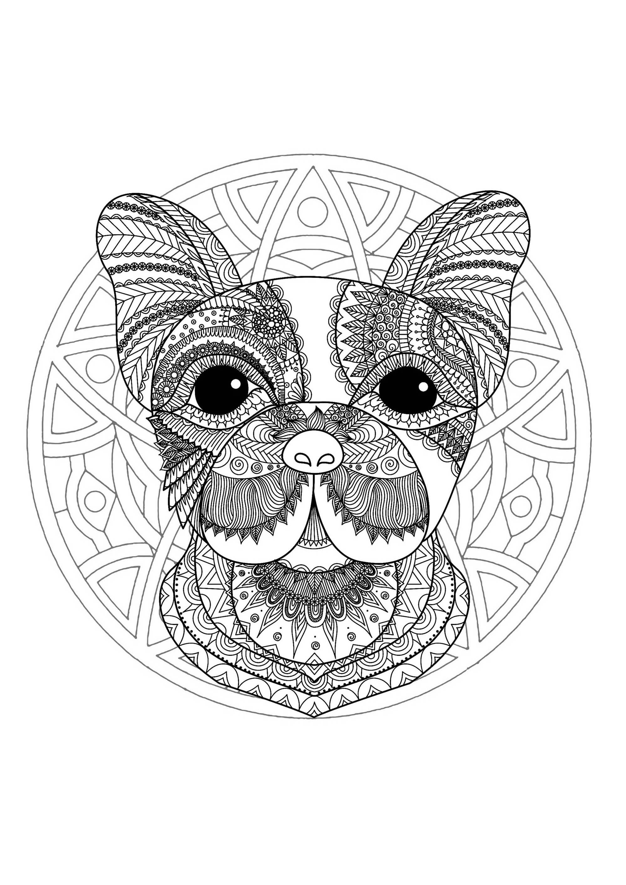 Mandala & Hundekopf. Ein recht schwieriges Mandala zum Ausmalen. Perfekt, wenn Sie gerne kleine Bereiche ausmalen und verschiedene Details mögen.