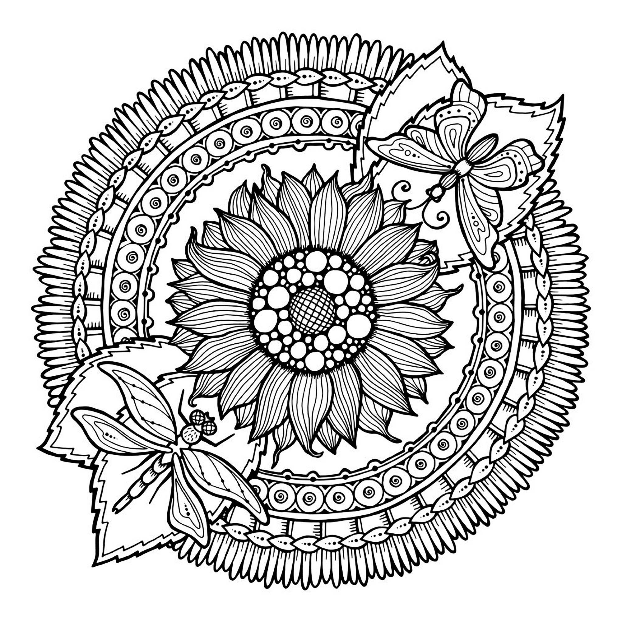 Bereiten Sie Ihre Filzstifte und Bleistifte vor, um die Farbgestaltung dieses Mandalas 'Sonnenblumen und Schmetterlinge' voller kleiner Details und ineinandergreifender Bereiche zu realisieren.