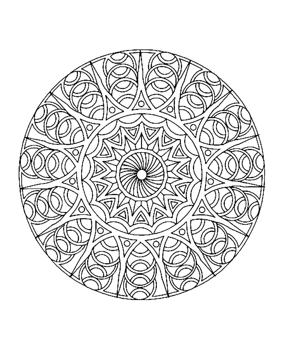Ausmalbild eines Mandalas mit mehreren verschiedenen Kreisbögen sowie einer sehr schönen Blume in der Mitte des Mandalas. Schwierig auszumalen.