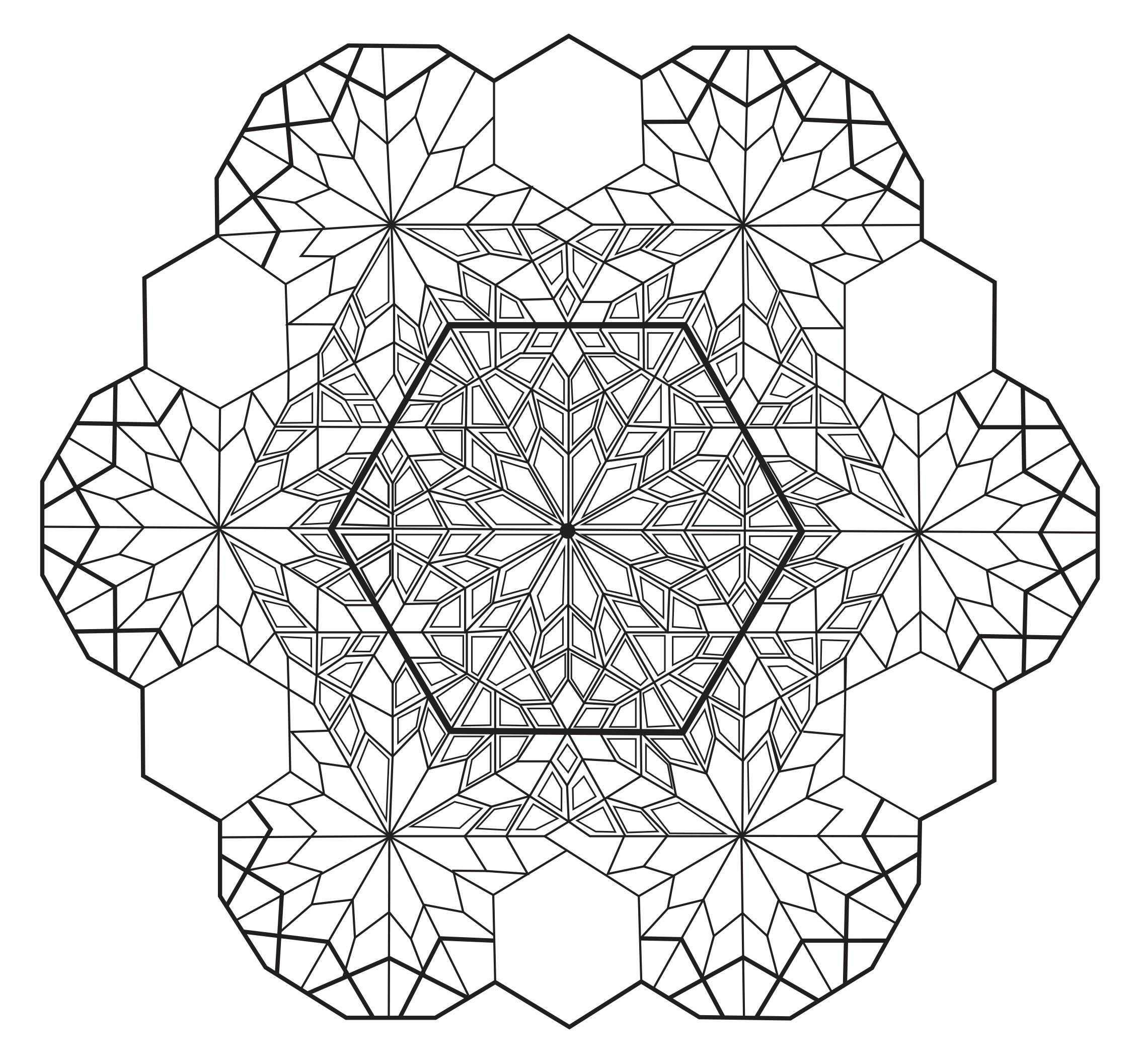 Ein 'sechseckiges' Mandala, das recht schwierig zu kolorieren ist. Es ist perfekt, wenn Sie gerne kleine Bereiche farbig gestalten und verschiedene Details mögen.