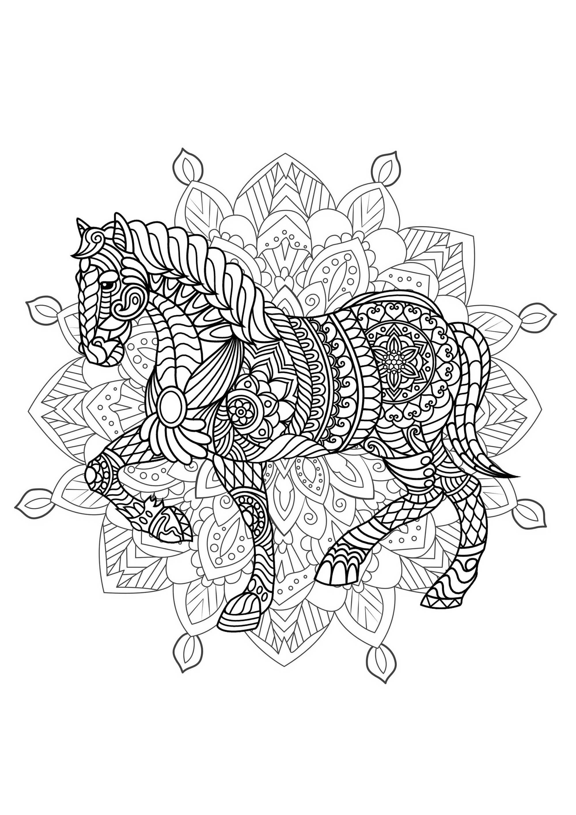 Pferd & Mandala - Bereiten Sie Ihre Filzstifte und Bleistifte vor, um dieses Mandala voller kleiner Details und ineinandergreifender Bereiche farbig zu gestalten.