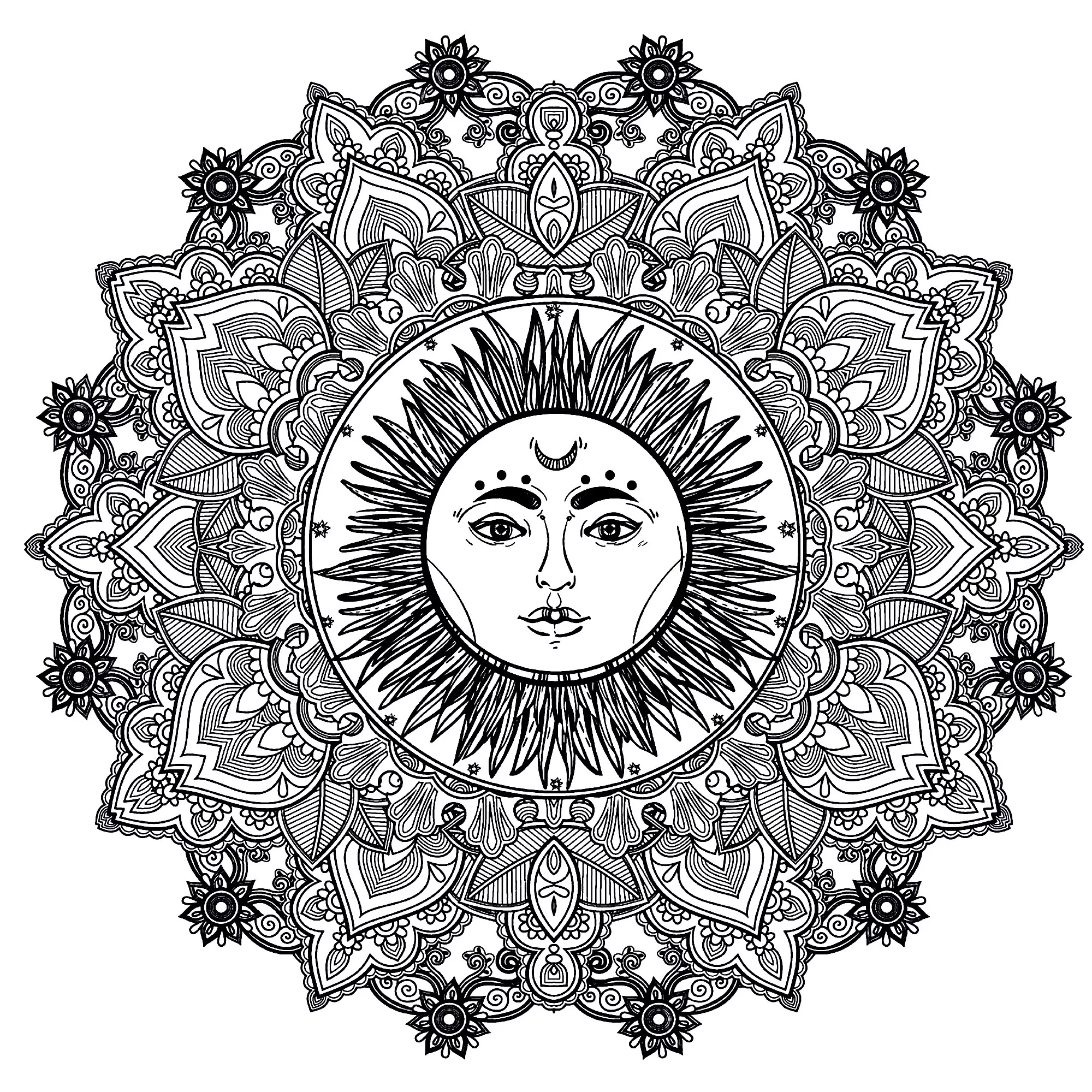 Mandala Sonne in der Mitte (Schwierigkeitsgrad Mandalas : Schwierig)