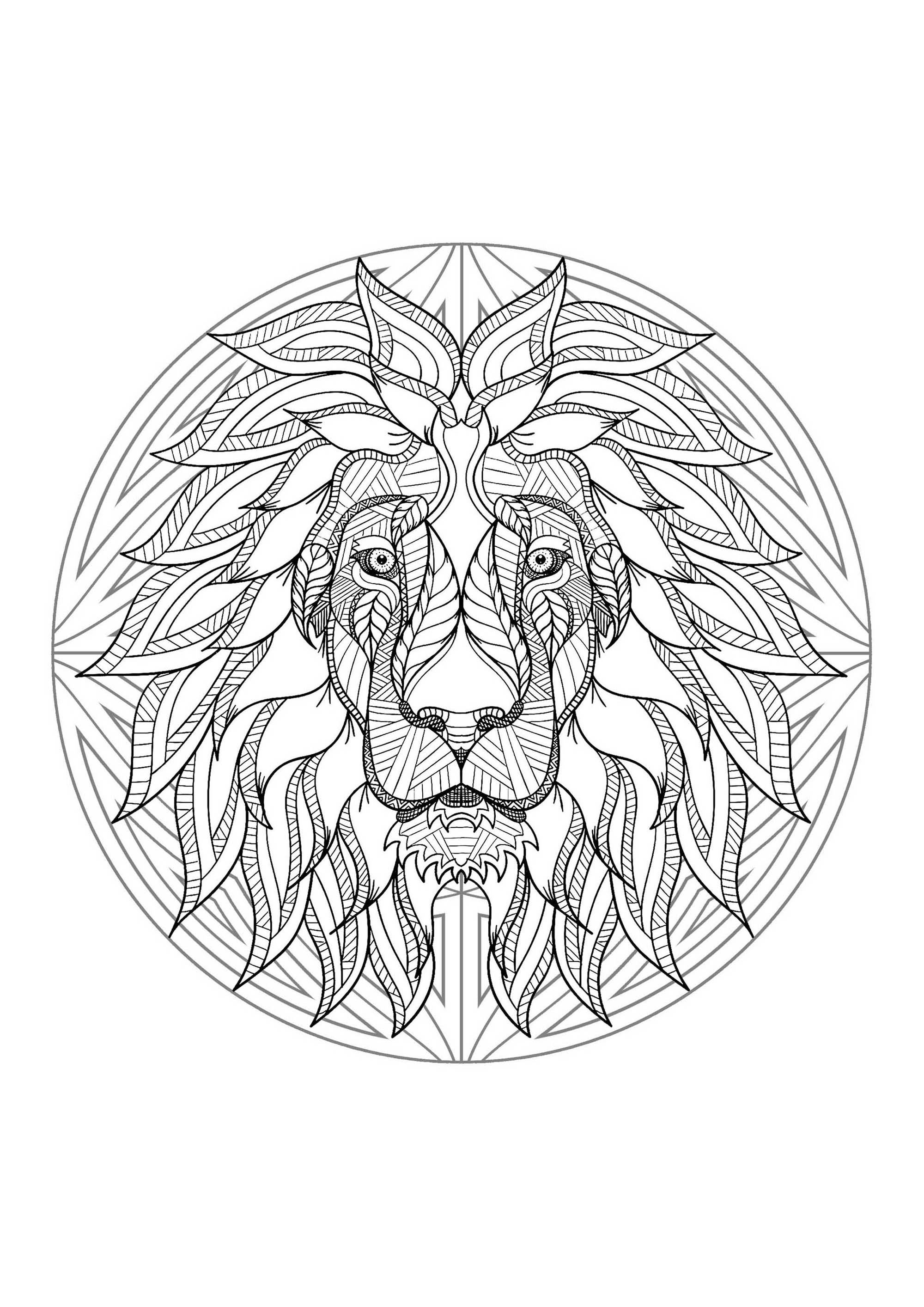 Mandala & Löwenkopf. Halten Sie Ihre Filz- und Bleistifte bereit, um die Farbgestaltung dieses Mandalas voller kleiner Details und ineinandergreifender Bereiche vorzunehmen.