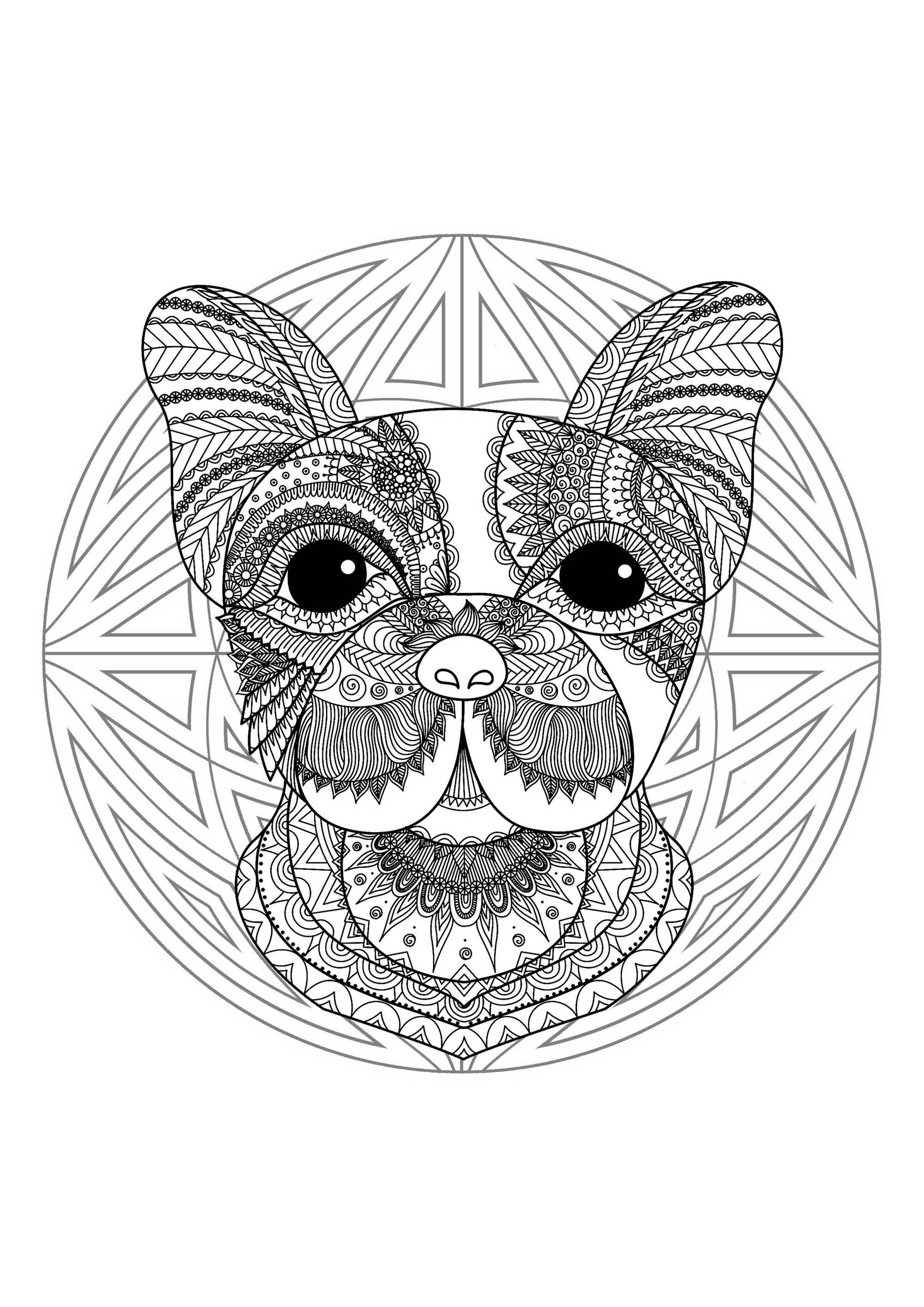 Mandala & Hundekopf. Halten Sie Ihre Filz- und Bleistifte bereit, um die Farbgestaltung dieses Mandalas voller kleiner Details und ineinandergreifender Bereiche vorzunehmen.