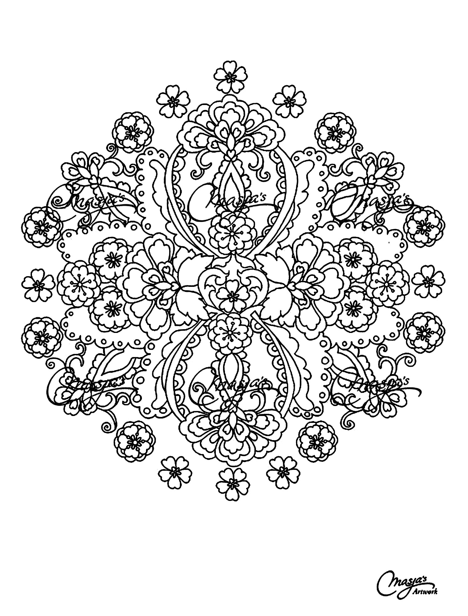 Originelles, ziemlich blumiges Mandala mit verschiedenen Arten von Blumen. Ziemlich kompliziert auszumalen.
