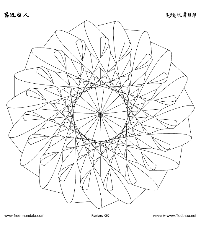 Schönes Mandala mit Spirale, das einen grafischen Eindruck vermittelt, mit einer sehr hübschen Blume, die die gesamte Zeichnung einnimmt. Ziemlich kompliziert zu kolorieren.