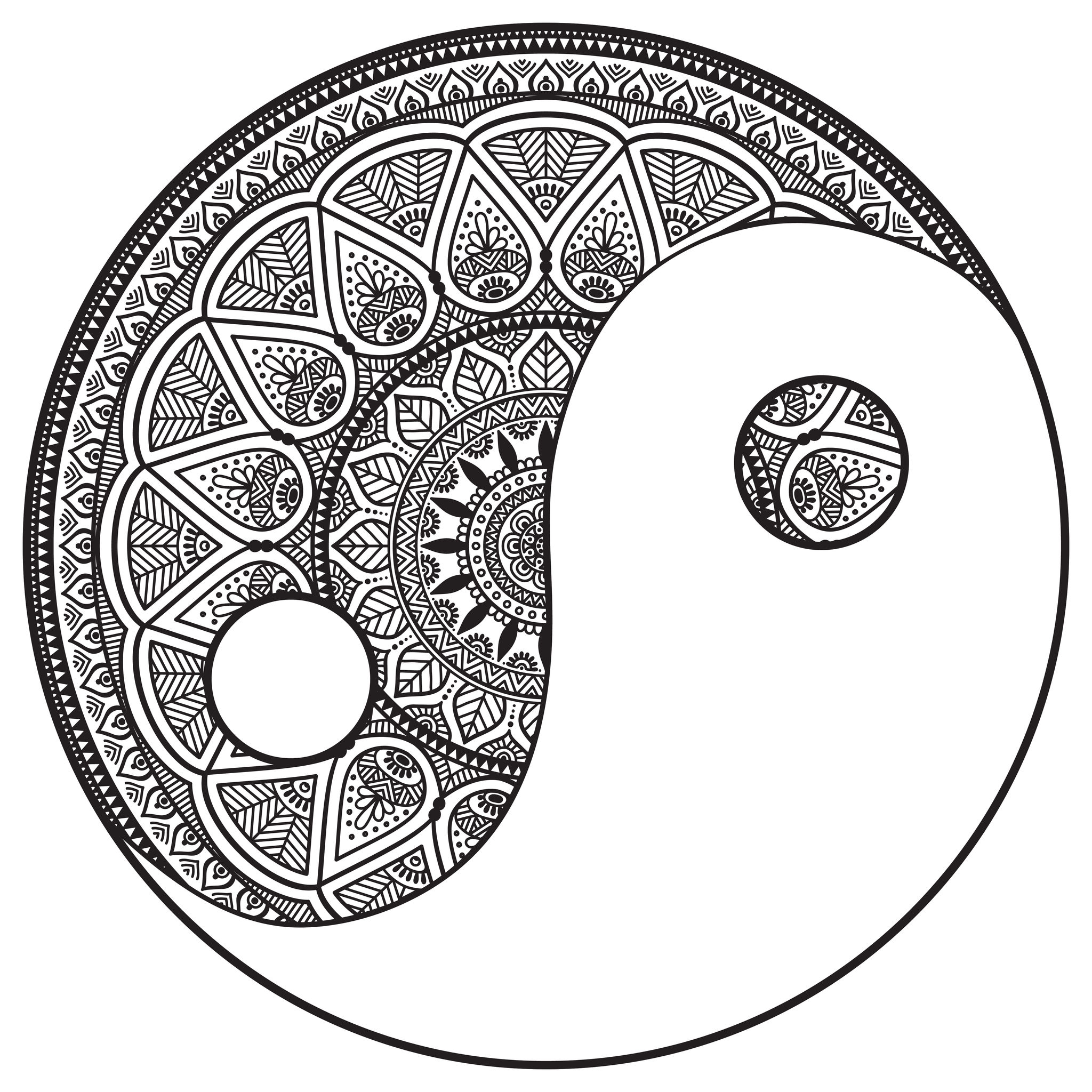Ein Yin & Yang-Mandala, das recht schwierig zu kolorieren ist. Es ist perfekt, wenn Sie gerne kleine Bereiche farbig gestalten und abwechslungsreiche Details mögen.