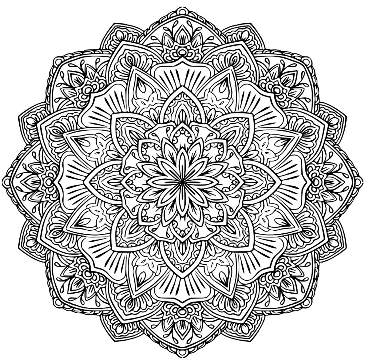 Wenn Sie bereit sind, lange Minuten der Entspannung zu verbringen, bereiten Sie sich darauf vor, dieses recht komplexe 'Blumen'-Mandala auszumalen ... Sie können viele verschiedene Farben verwenden, wenn Sie möchten.