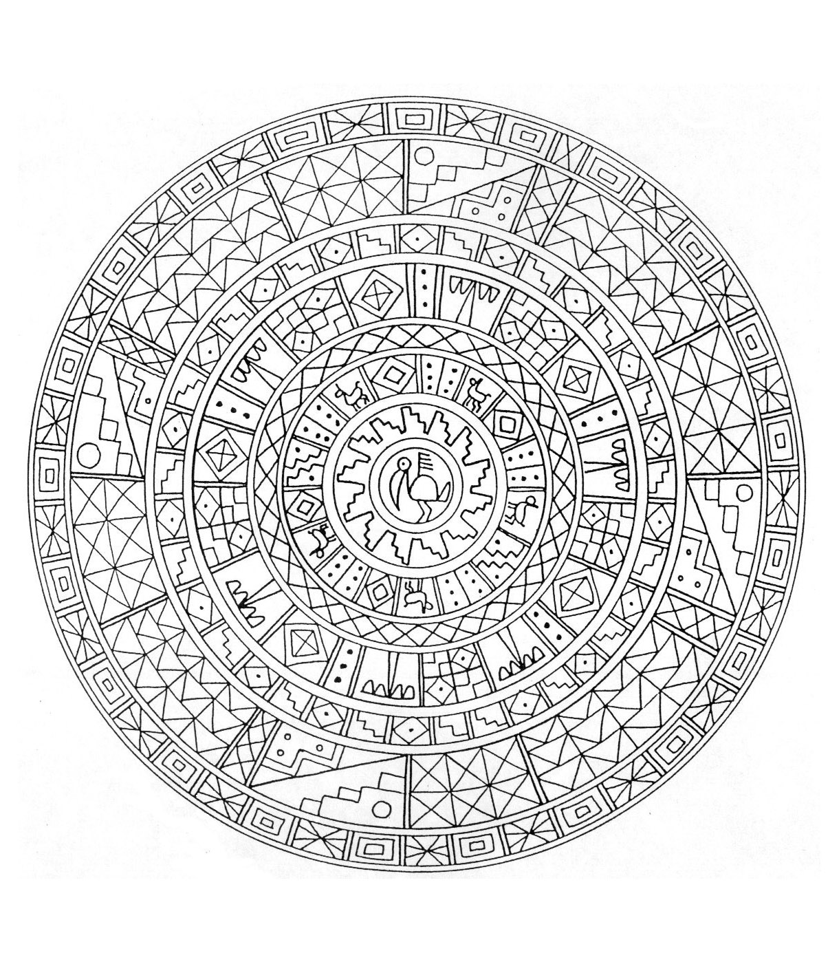 Außergewöhnliches Mandala mit mehreren geometrischen Formen, die durch Quadrate, Rauten sowie eine sehr hübsche Blume in der Mitte des Mandalas dargestellt werden. Mandala mit vielen Details.