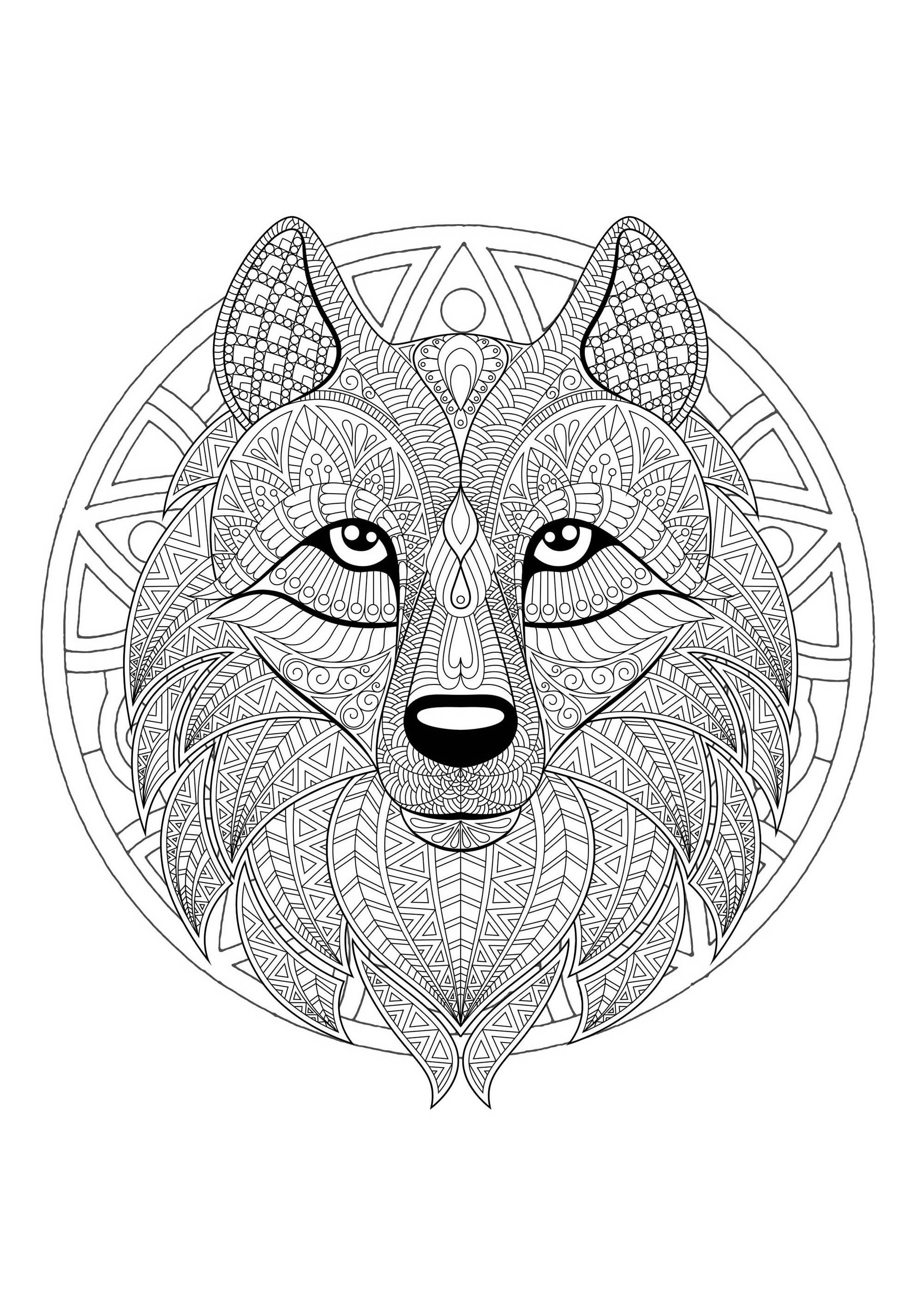  Wolfskopf-Mandala - 2 - Schwierigkeitsgrad Mandalas : Schwierig 