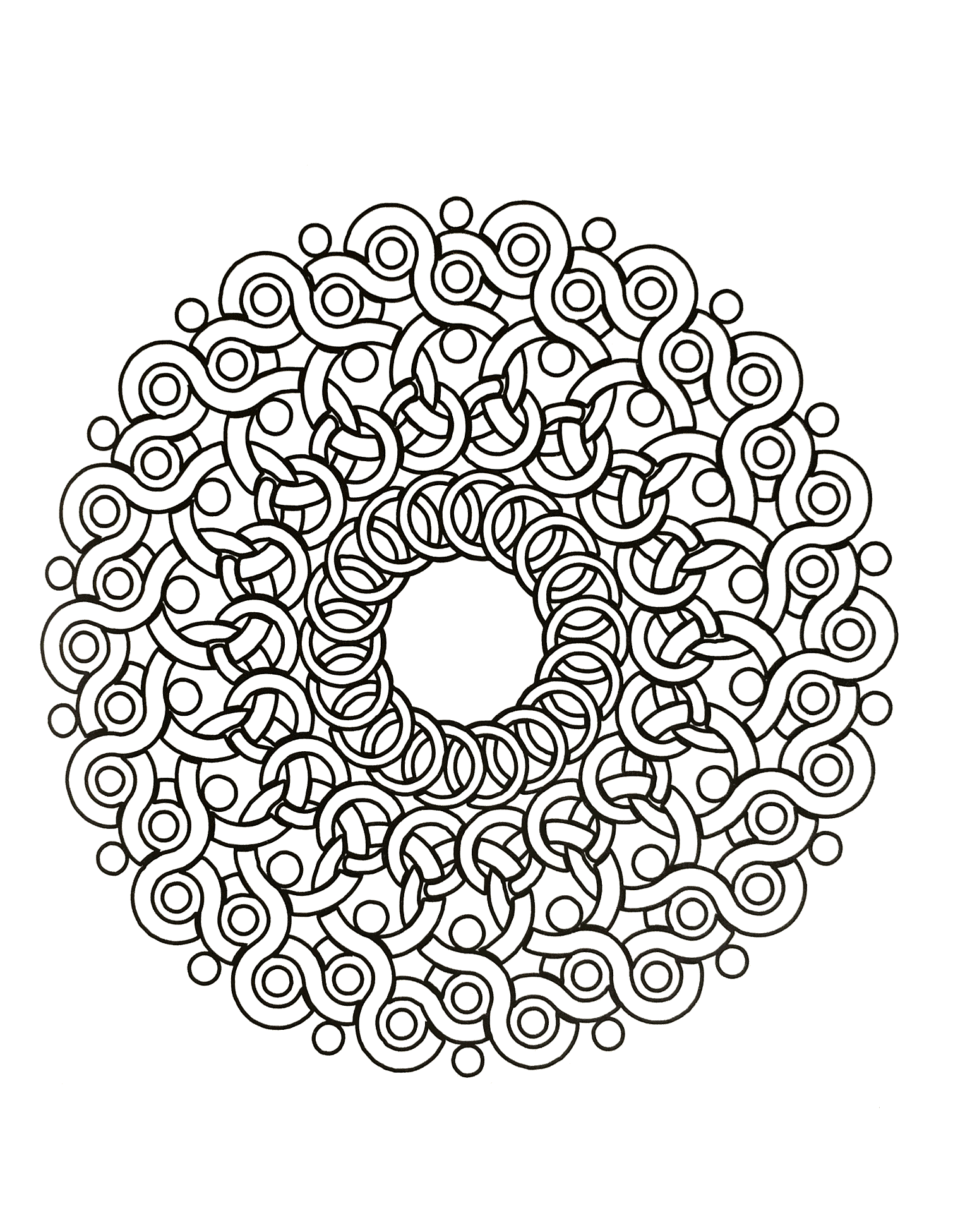 Ein Mandala mit Formen, die an Brombeeren erinnern, für Profis! Dutzende und Aberdutzende von kleinen Bereichen, die nur auf ein paar geschmackvoll ausgewählte Farben warten.