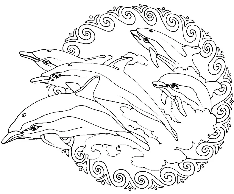 Mandala Delfine, die aus dem Wasser springen (Thematische Mandalas : Tiere)