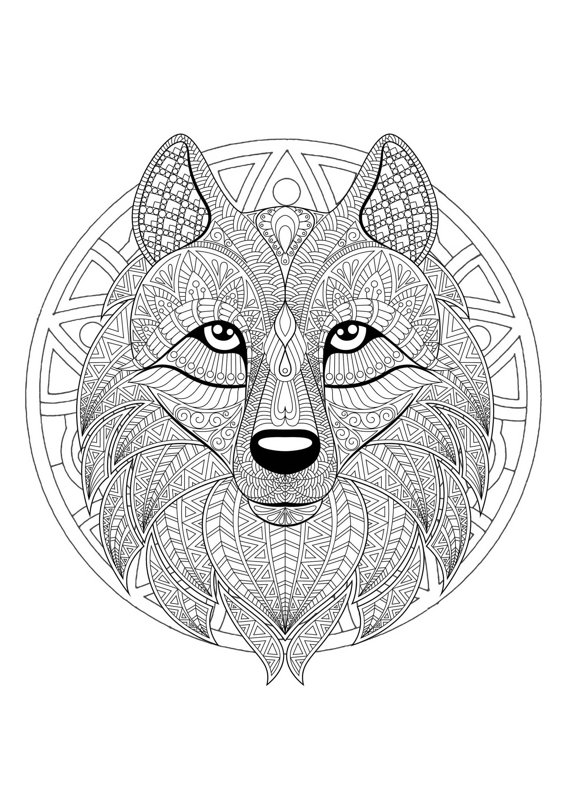Ein Mandala mit einem hübschen Wolf, für diejenigen, die lieber konkrete und lebendige Elemente in Farbe umsetzen.