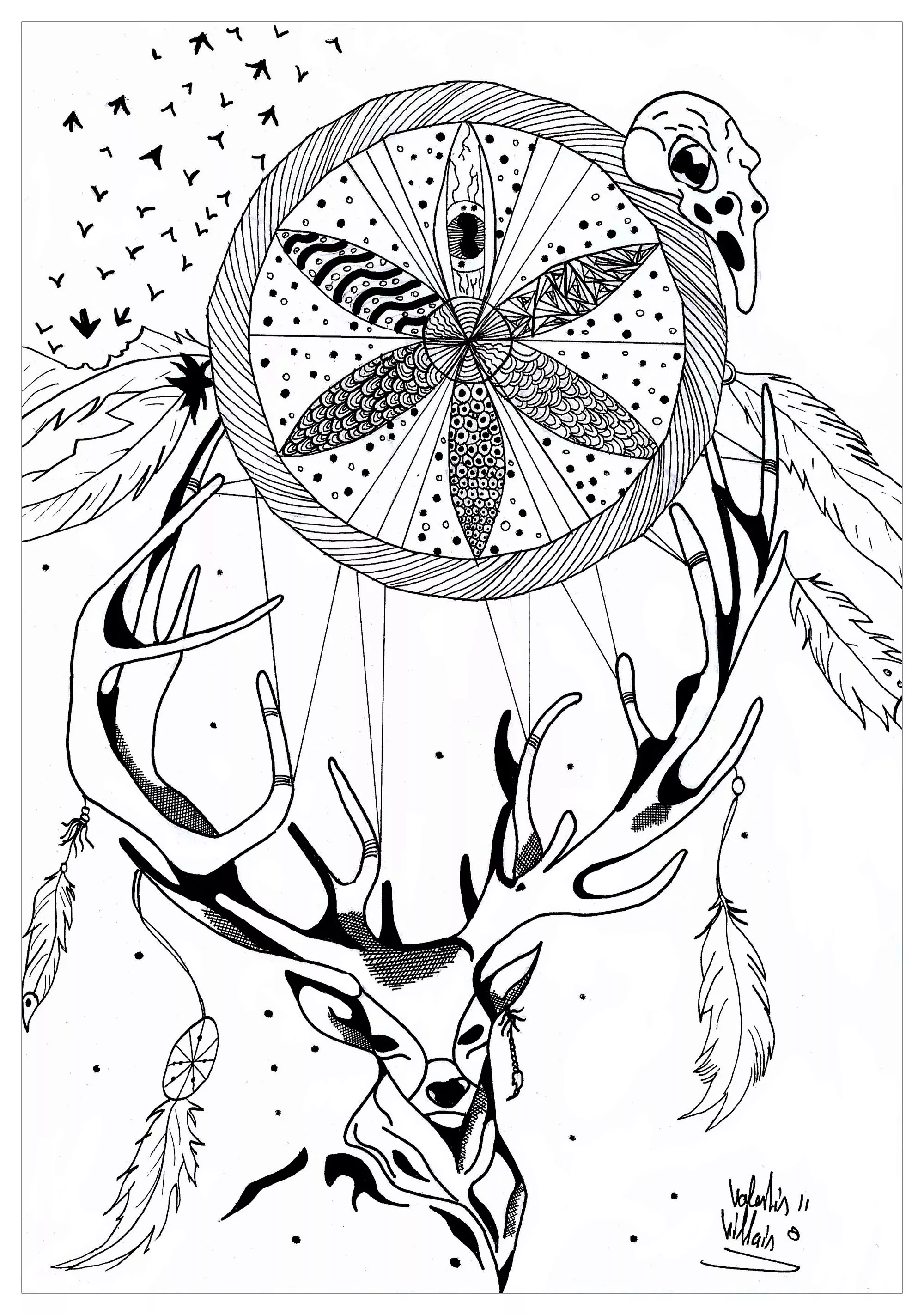 Mandala Hirsch und Traumfänger (Thematische Mandalas : Tiere)