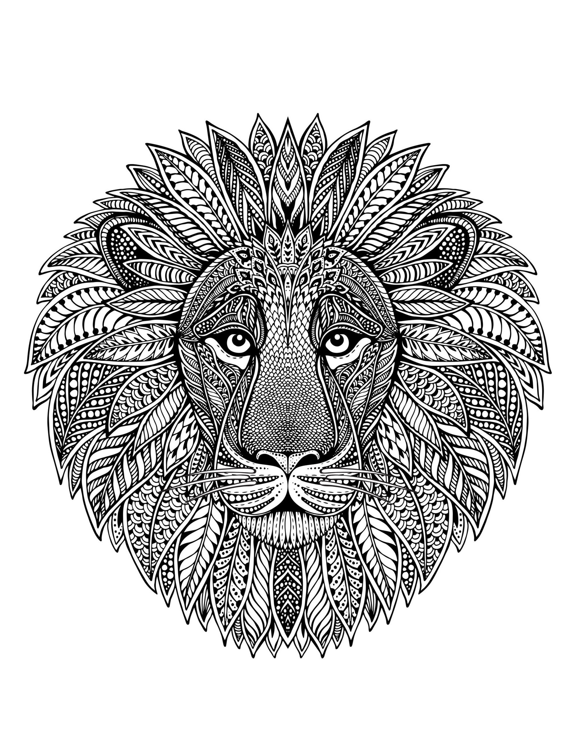 Ein Mandala, das einen Löwenkopf in Szene setzt, für diejenigen, die es vorziehen, konkrete und lebendige Elemente in Farbe umzusetzen.