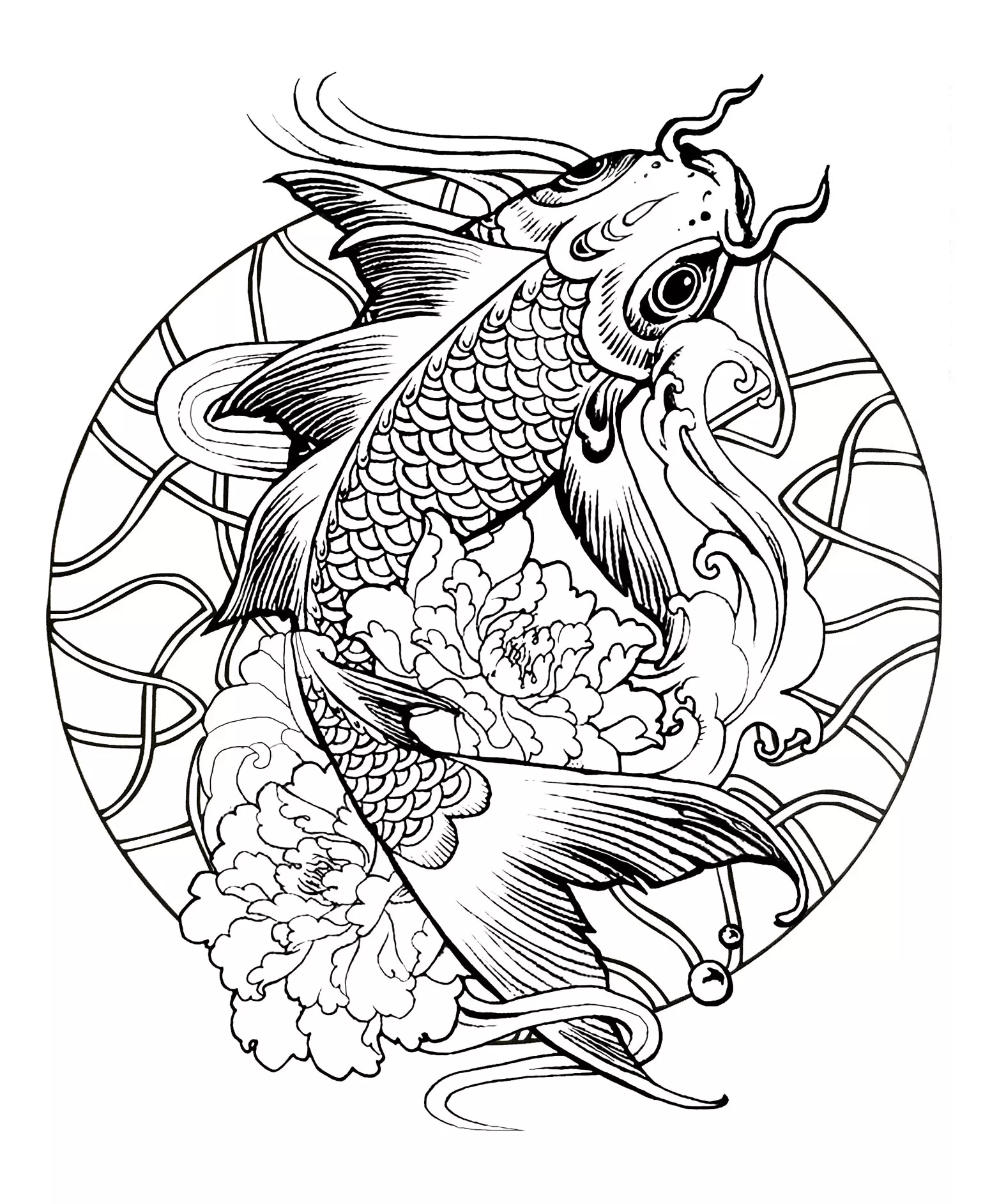 Mandala schwimmender Karpfen (Thematische Mandalas : Tiere)
