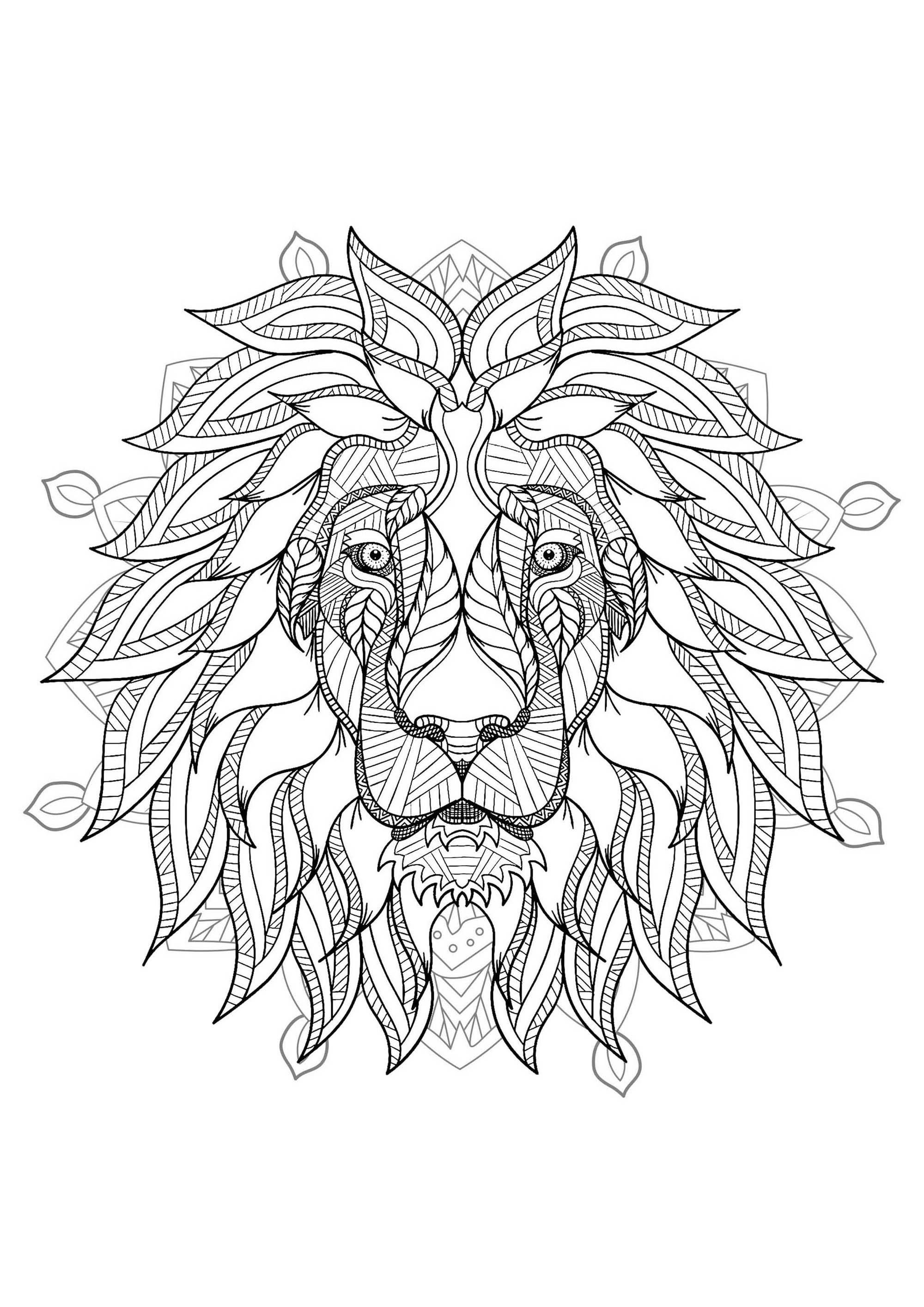 Ein Mandala mit dem König der Tiere: dem Löwen, für diejenigen, die es vorziehen, konkrete und lebendige Elemente in Farbe umzusetzen.
