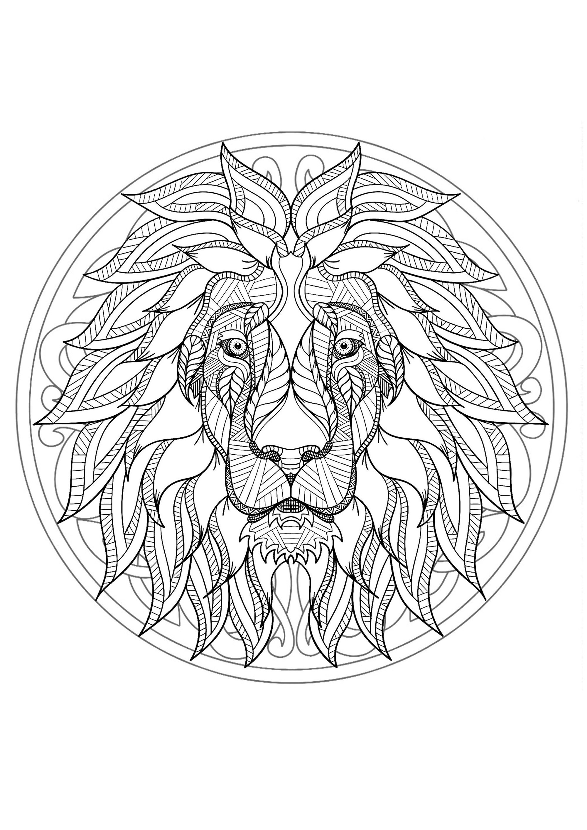 Dieser schöne Löwe wartet nur darauf, in diesem hübschen, sehr originellen Mandala ausgemalt zu werden - Sie sind dran.