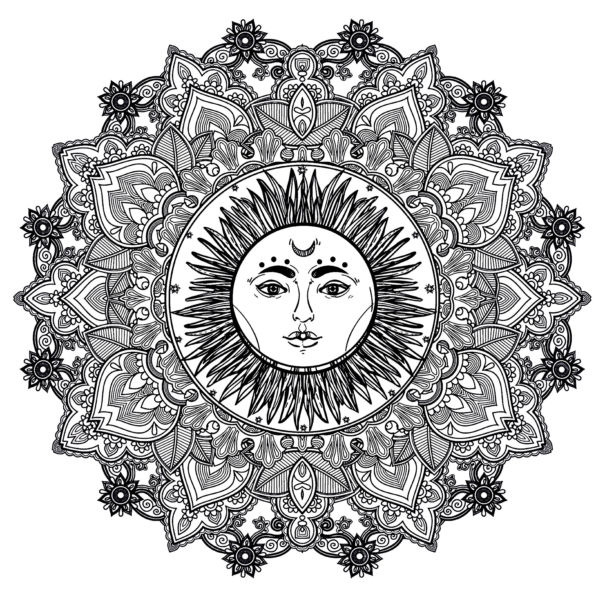 Ein sehr harmonisches Mandala mit einer hübschen Sonne mit menschlichem Gesicht in der Mitte für einen Moment der reinen Entspannung. Sie werden sofort die Vorteile der Kunsttherapie spüren.
